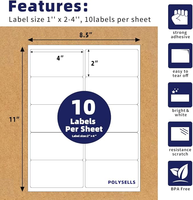 POLYSELLS Self Adhesive 2"x4" Address Shipping Labels, 10UP White Sticker FBA Labels, Inkjet/Laser Printer Compatible, 10 Labels/Sheet, 100 Sheets/1000 Labels