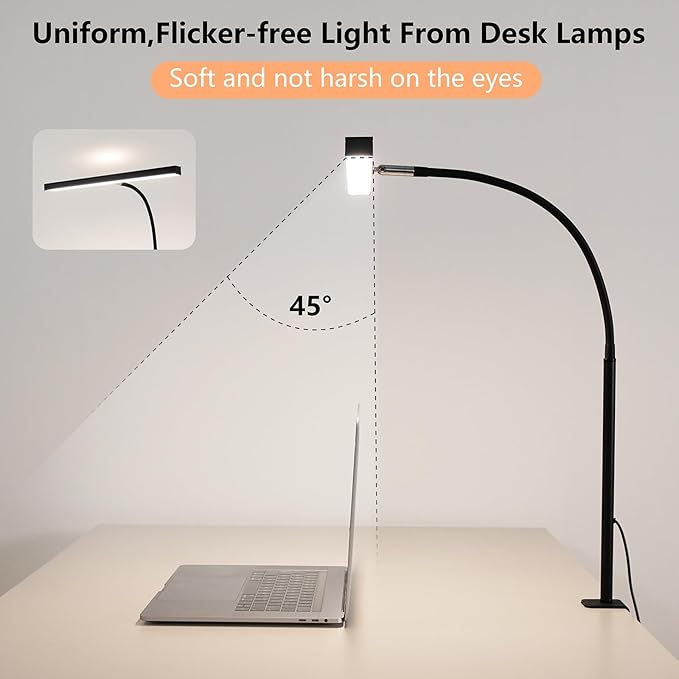 FAPEMIH LED Desk Lamp for Office Home, Adjustable Flexible Eye-Caring Desk Light with,5 Modes 10 Brightness Adjustment, USB Adapter Desk Lamp with Clamp-T-B