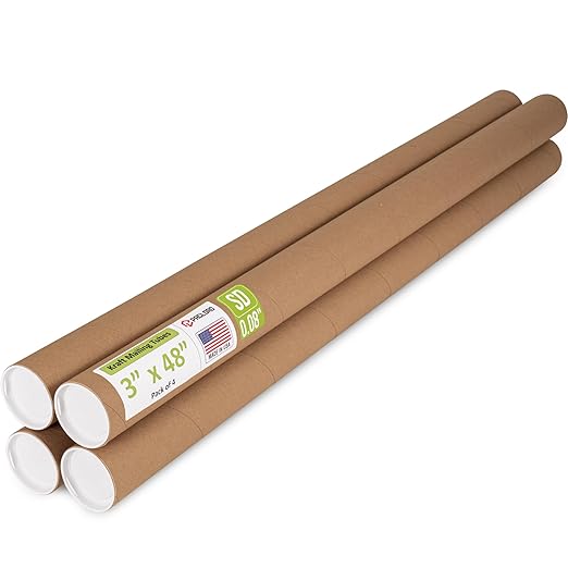 Paclord 3" x 48" Reinforced Kraft Paper Mailing Tube, Pack of 4 Tubes with 8 Caps – Secure USPS Approved Poster Tube – Cardboard Tube for Shipping and Storing Posters, Prints, Artwork, or Documents