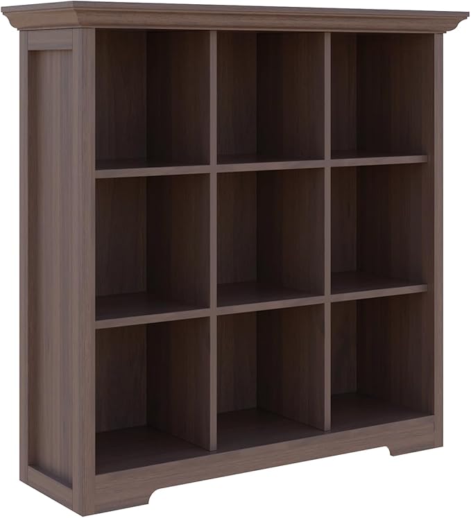 OSCHF Cube Shelf Bookcase with Base - Wooden 3 Tiers Floor Standing Low Storage Cabinet for Home and Office, 9-Cube Lattice Bookshelf, Walnut