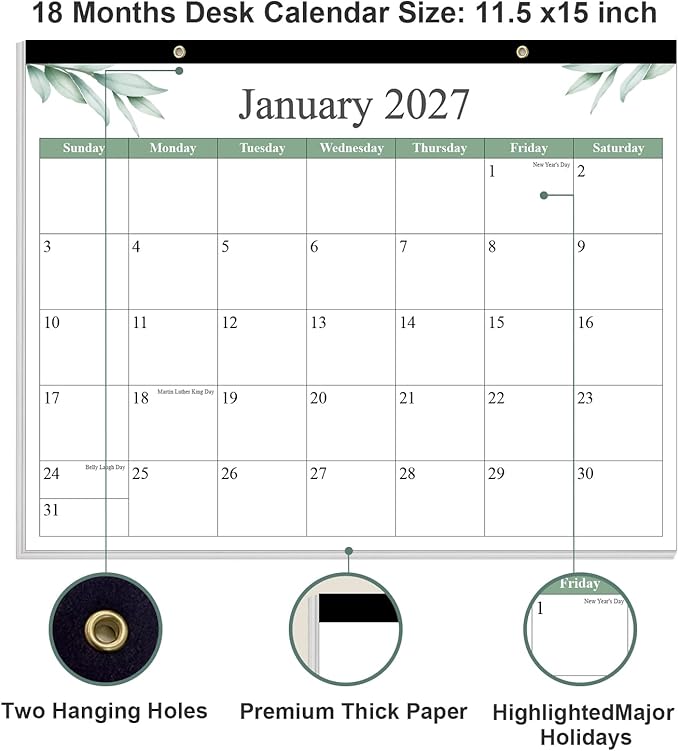 Desk Calendar 2026 - Calendar 2026-2027 from January 2026 to June 2027, 18 Months Calendar with Thick Paper for Office, Home, School Organizing, 14.5" X 11.5", Leaf