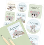 Large Name Labels for Kids (33) - Custom Stickers for Daycare and School Supplies - Durable, Waterproof Stickers for Water Bottles, Lunch Boxes, and More with Unique Designs - Koala