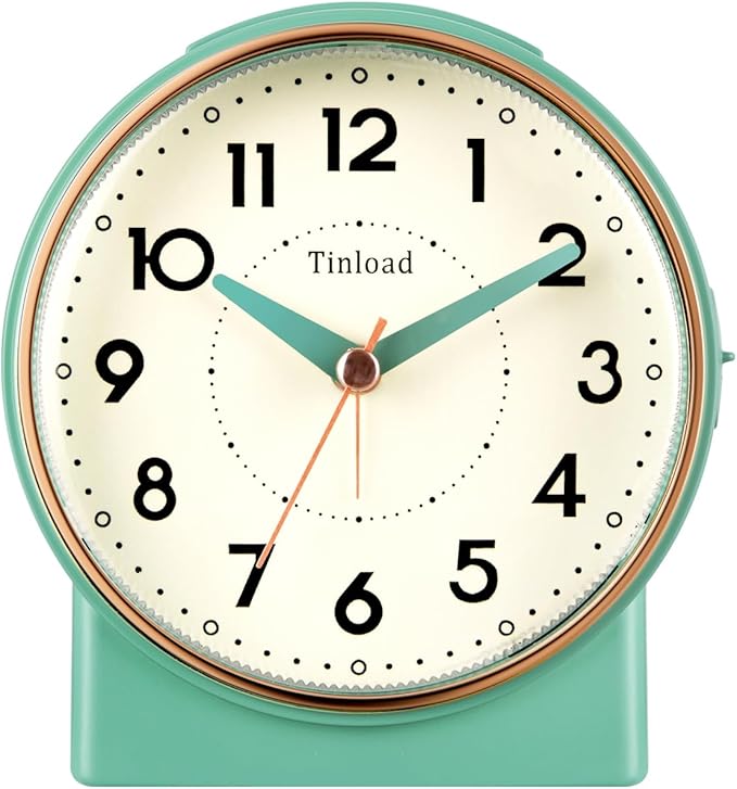 Tinload 4.3" Retro Analog Alarm Clock, Vintage Decor, No Ticking Silent, Easy to Set, Gradual Rise Alarm, On/Off Switch on Side, Gentle Wake, Snooze, Lighted on Demand, Battery Operated, Retro Green