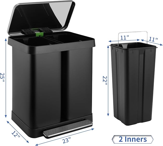 ComfyCorner 16 Gallon Dual Compartment Trash Can, Hands-Free Recycling Rectangular Garbage Bin, Stainless Steel Step-On Dustbin with Soft-Close Lid, Removable Inner Buckets, for Kitchen Home