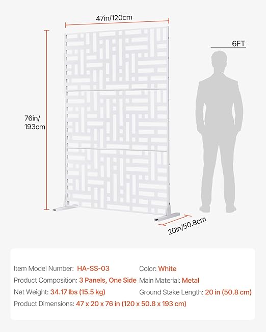 VEVOR Metal Privacy Screen, 47" W x 76" H Outdoor Privacy Screens 3-Panel, Freestanding Outdoor Divider with Stand, Decorative Garden Steel Privacy Fence for Balcony Patio Indoor Room Hot Tub White