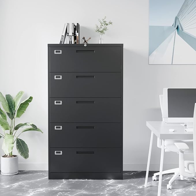 Fesbos Lateral File Cabinet with 5 Drawers - Metal Steel Filling Cabinets for Home Office - Lockable Storage Cabinet for Hanging Files Letter/Legal/F4/A4 Size-Assembly Required