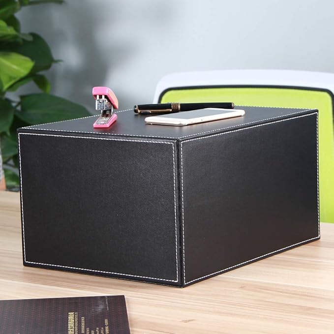 RHCSZ High-end PU Leather Desk Organizer File Cabinet Executive Office Supplies Desktop Filing A4 File Cabinet Stackable Storage Organizer Box with 3 Drawers (Black)…