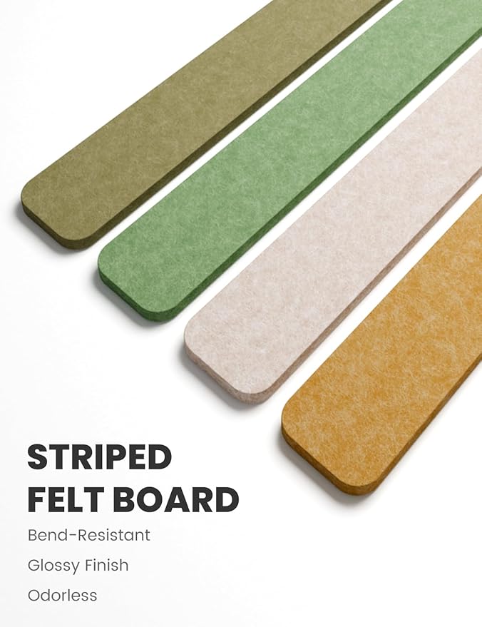 Cork Board Alternative Felt Strip Board 8-Pack 13"x2", Office Pin Board with 50 Push Pins, Adhesive Install for Bedroom Door & Home Office(Olive Grove)