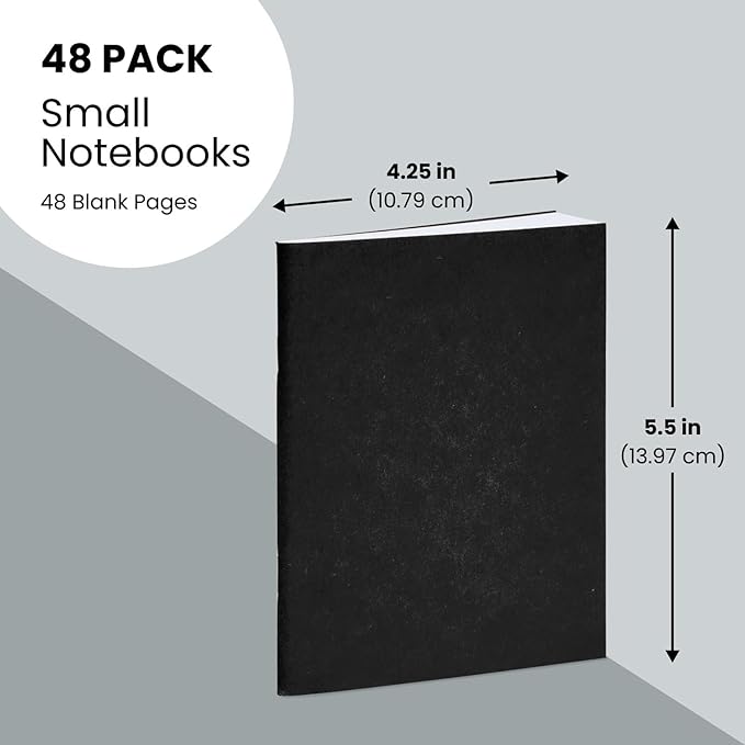 Paper Junkie 48 Pack Unlined Pocket Size Notebook, Black Blank Books for Kids To Write Stories Bulk Set, Mini Journals for Office, Classroom, and Travel Use (4.25 x 5.5 In)