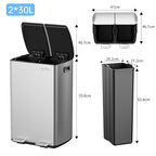 mVm Kitchen Trash Can,2x8 Gallon (2x30 L) Dual Compartment Garbage can Recycle Bin Combo with Foot-Pedal,Anti-Fingerprint,Soft-Close,Brushed Stainless Steel Trash can for Kitchen, Living Room(Silver)