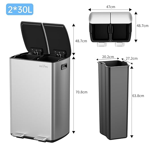 mVm Kitchen Trash Can,2x8 Gallon (2x30 L) Dual Compartment Garbage can Recycle Bin Combo with Foot-Pedal,Anti-Fingerprint,Soft-Close,Brushed Stainless Steel Trash can for Kitchen, Living Room(Silver)