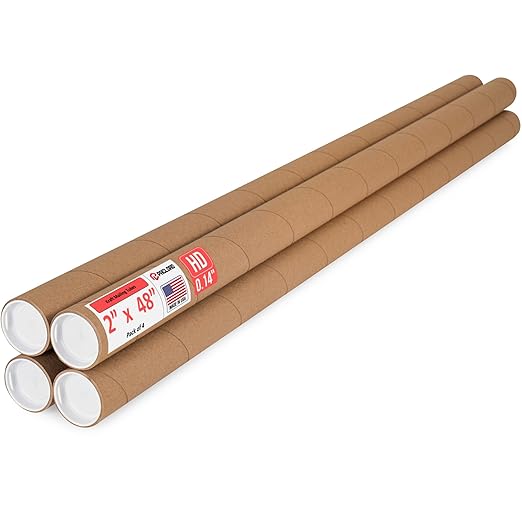 Paclord 2" x 48" Heavy-Duty Reinforced Cardboard Mailing Tube, Pack of 4 Tubes with 8 Caps – Secure USPS Approved – Great for Shipping and Storing of Prints, Artwork, Posters or Documents