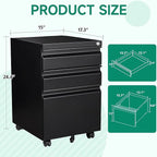 Letaya 3 Drawer Mobile File Cabinet with Lock, Under Desk Metal Rolling Filing Cabinets for Home Office Organizer Letters/Legal/A4 (Black- Requires Installation) (Black)