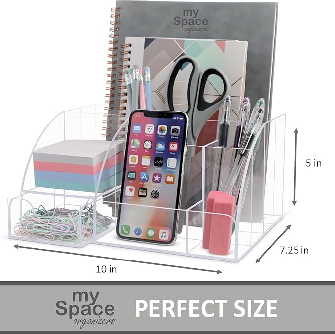 My Space Organizers Clear Acrylic Desk Oganizer, 9 Compartments, Office Supplies and Desk Accessories Organizer, Home Decor Desktop Organizer (Clear)
