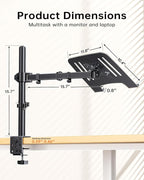 H&C(hcck&Cllassp) Laptop Desk Mount for 11"-17" Notebook, Fully Adjustable with Tilt, Swivel, Rotation, Extension, Single Laptop Arm with Vented Tray, C-clamp, Black