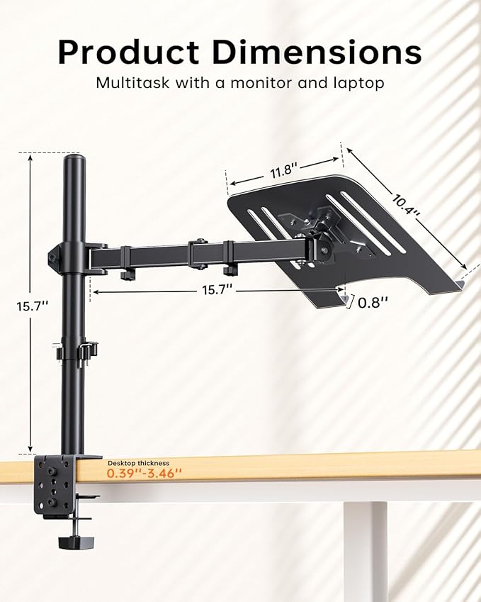 H&C(hcck&Cllassp) Laptop Desk Mount for 11"-17" Notebook, Fully Adjustable with Tilt, Swivel, Rotation, Extension, Single Laptop Arm with Vented Tray, C-clamp, Black