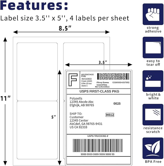 POLYSELLS Shipping Labels with Self Adhesive for Laser & Inkjet Printers, 4 Printing Labels Per Sheet, White 3.5 x 5 Inches - 100 Sheets (400 Shipping Label Paper)