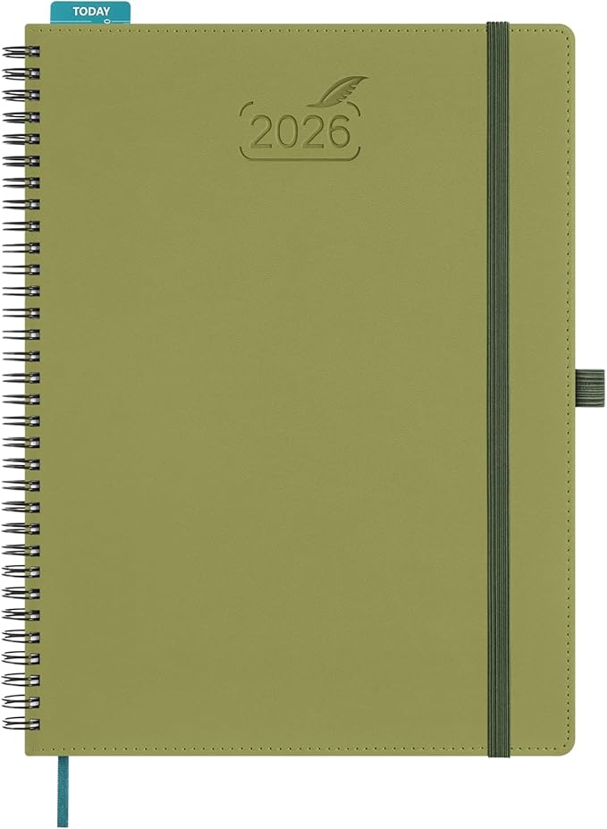BEZEND 2026 Planner Weekly and Monthly (8.5" x 11" Spiral) Daily Calendar with Hourly Timeslots & Tab (Jan-Dec) Note & Expenses, Pen Holder, Inner Pocket, Vegan Leather Softcover - Kiwi