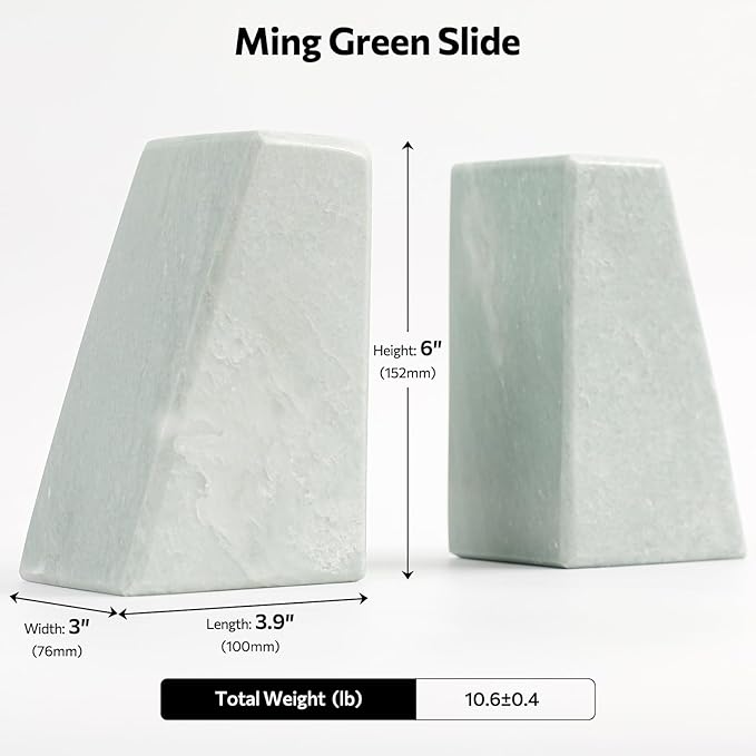 Faticdorr Luxury Marble Bookends for Shelves, 11LB Heavy Duty Marble Book Ends for Heavy Books, Stone Bookends Decorative, Polished, Light Green Triangular, Set of 2