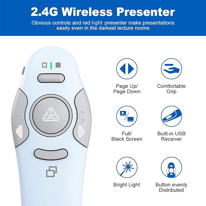 QUI Presentation Clicker Wireless Presenter Remote Clicker for PowerPoint Presentation Remote, PowerPoint Slide Advancer for Mac/Windows/Linux, Google Slide/PPT/Keynote, USB A, Blue