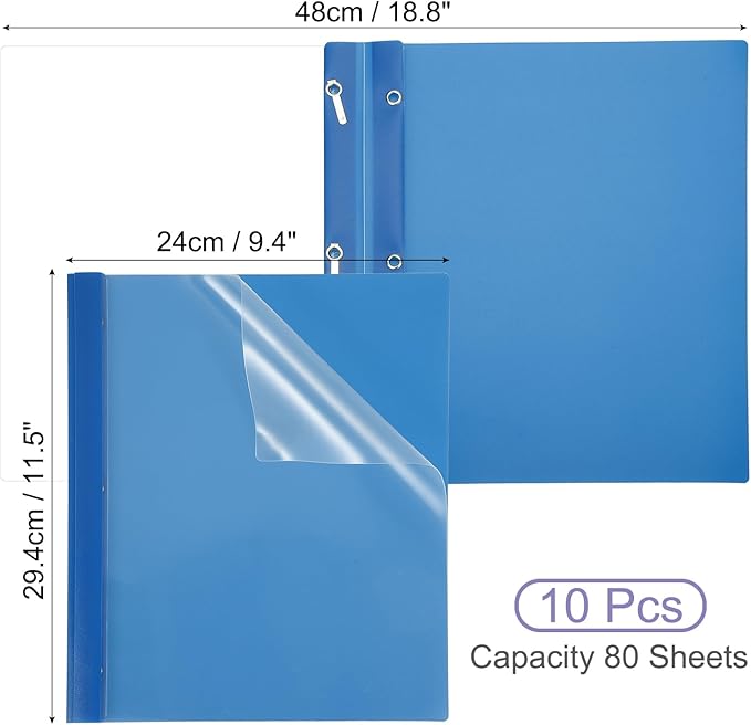 PATIKIL Plastic Report Covers with Prong, 10 Pcs 80 Sheet Clear Front Presentation Binders with 3 Metal Prong Fasteners Report Folder for Resume Documents Files Letter, Blue