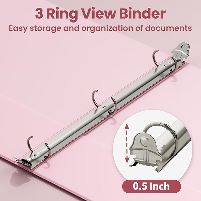 SUNEE 3 Ring Binder 1/2 Inch 1 Pack, Clear View Binder Three Ring PVC-Free (Fit 8.5x11 Inches) for School or Office Supplies, Pink