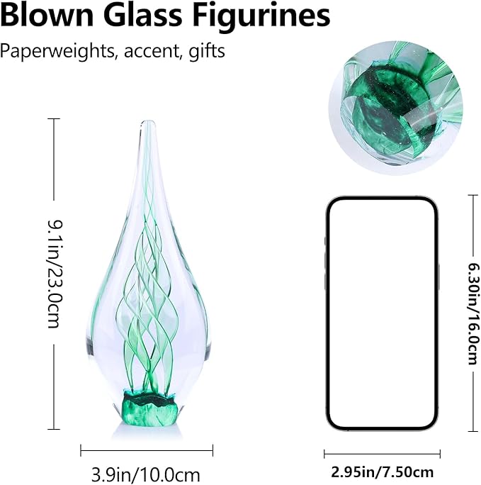 9" Tall Sculpture Hand Blown Glass Decor, Paperweight for Office Desk, Modern Glass Art Figurines Mediterranean Beach House Decor, Living Room Coffee Shelves Table Top Decoration (Swirl Green)