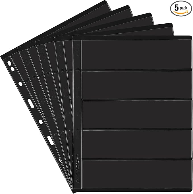 5 Sheets 10 Pages Postage Stamp Album Pages, 5 Pockets 7.7x 1.97in Stamp Collection Inserts, 9 Hole Standard Stamp Collecting Album Sleeves for Stamp Collection Binder IS010510