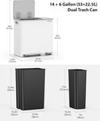 Lovewind Dual Trash Can, 14 + 6 Gallon Garbage Can for Kitchen Dual Compartment Recycling Kitchen Step Trash Bin, Stainless Steel Trash and Recycle Bin Combo with Soft-Close Lid, White