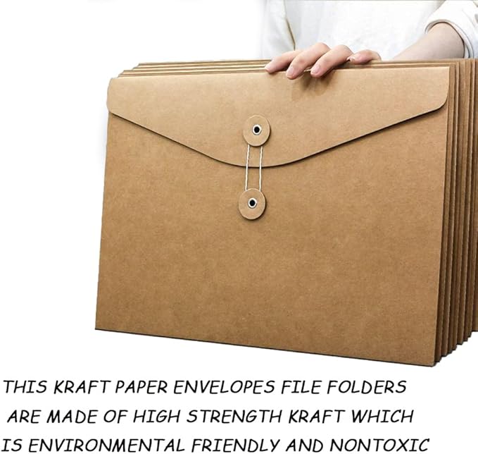 10pcs A4 Kraft Paper Envelopes Portfolio Foolscap File Folders Document Folder with String Fastener Closure Wallet Pockets File Bags Storage Pouch Paperwork Organizer Bag for Office School Home