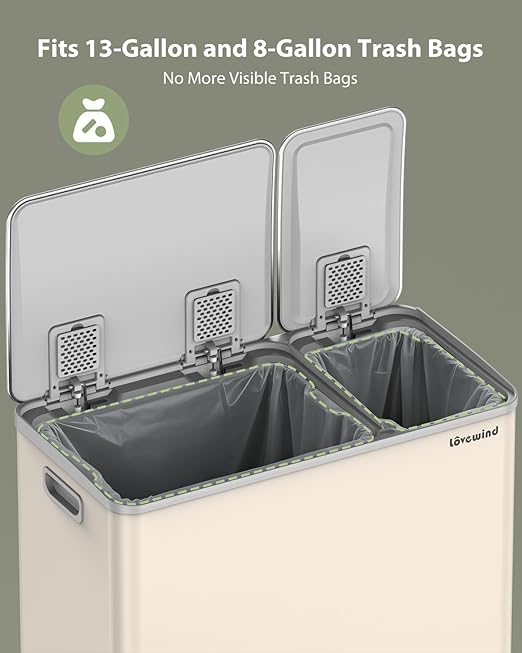 Dual Trash and Recycling Bins for Kitchen, 13.2 + 5.2 Gal (50+20L) Stainless Steel Trash and Recycle Bin Combo with Soft-Close Lid, Large Garbage Cans for Kitchen Home with 2 Magnets Sticker, Apricot
