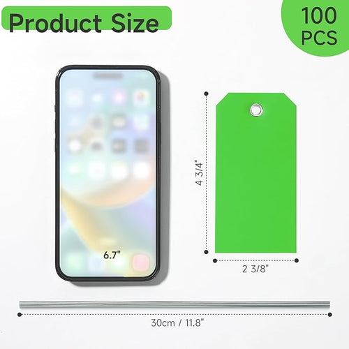100 Green Tags with Wires - Waterproof, Writable, Neon - 4 3/4" x 2 3/8" Heavy Duty Shipping Tags for Luggage, Parts, Machines
