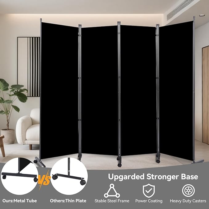 Room Divider (4 Panel) Wall Divider for Room Separation, 88 inch Wide Portable Privacy Screens W/Wheels, Metal Frame Freestanding Room Separators 5.6FT Room Partitions and Dividers