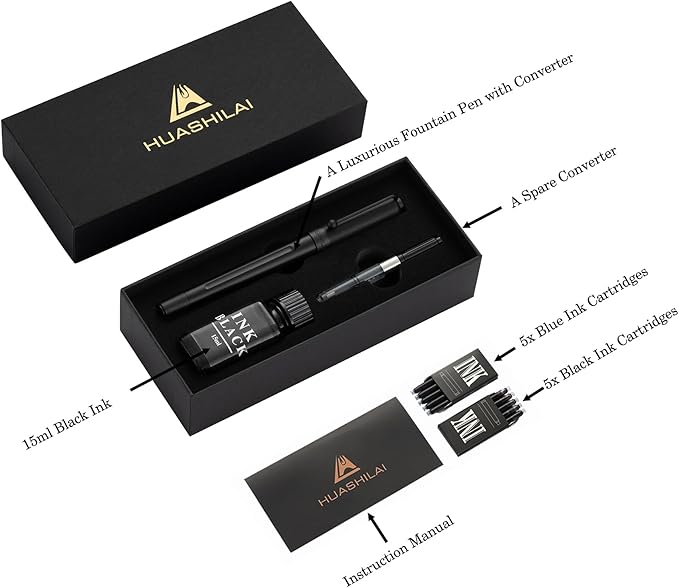 HUASHILAI Luxury Matte Black Forest Fountain Pen Set,Titanium Black Extra Fine and Medium Nibs,Includes 2 Ink Converters,10 Ink Cartridges,15ml ink，Premium Gift Case for Calligraphy (Fine Nib)
