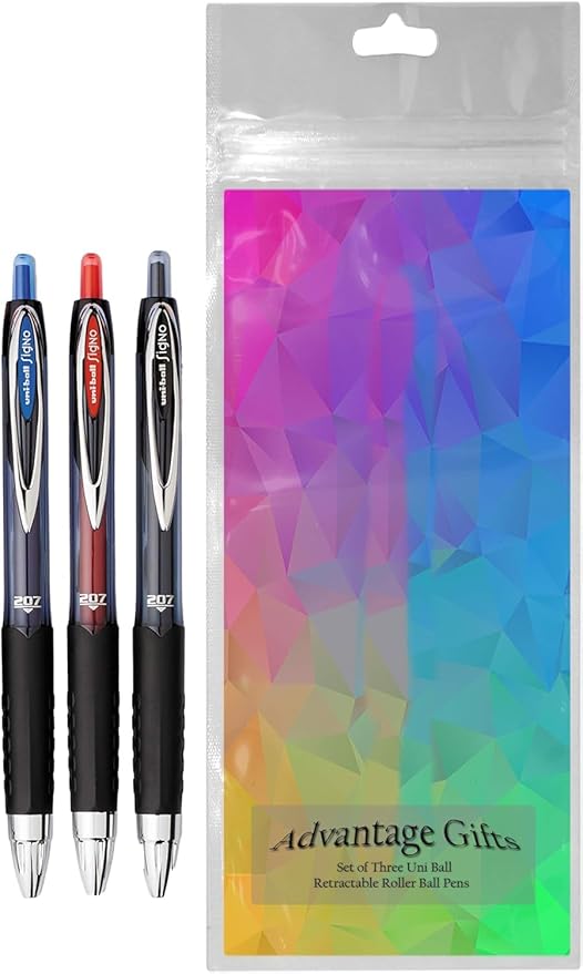 Advantage Gifts Signo 207 Roller Ball Retractable Gel Pens, Medium Point (0.7mm), Black Blue And Red Ink, 3 Count, Bundle with Plastic Reusable Pouch