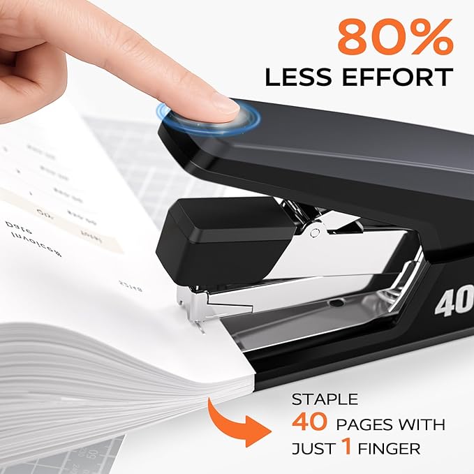 MARSROCK Effortless Stapler for Desk with 40-50 Sheet Capacity, 2000 Staples, 1-Touch Stapling, Ergonomic & Easy to Load Desktop Staplers, Heavy Duty Stapler, and Magnetic Staple Remover, Black