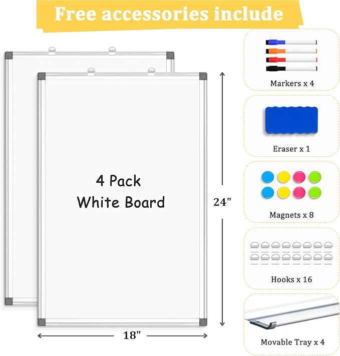 AMUSIGHT 4 Pack Double-Sided Magnetic Whiteboard, 24" x 18" Dry Erase Board, Aluminum Frame White Board for Wall, Hanging Mounting White Board Dry Erase Marker Board for Office, School, Home