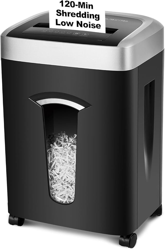 Wingwise 120-Minute Paper Shredder - 15-Sheet Capacity, 30L（7.9 Gallon） Bin, 58dB Quiet Operation, P4 Cross-Cut Heavy-Duty Shredder for Home & Office Use