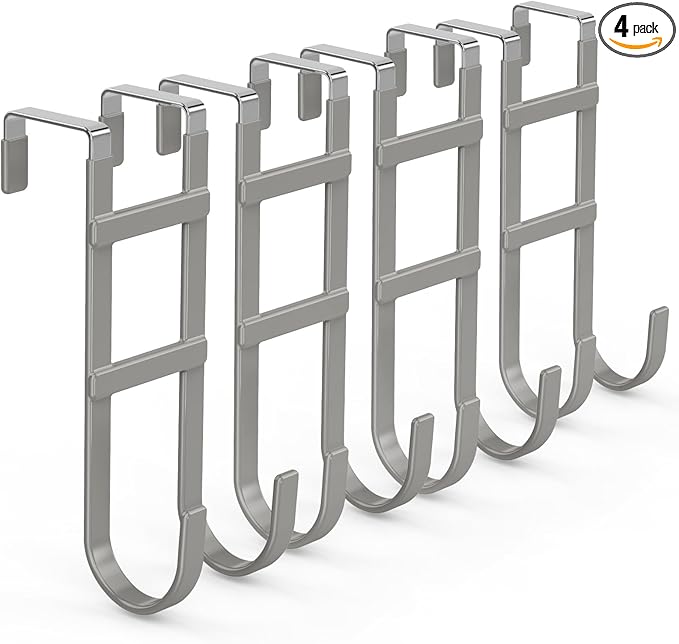FYY Over The Door Hooks - 4 Pack Heavy Duty Dual-Hook Organizer Hanger with Non-Slip Rubber for Towels, Clothes, Hats & Bags Use in Bathroom, Bedroom, Kitchen - Fits Interior Doors Up to 1.6" Grey