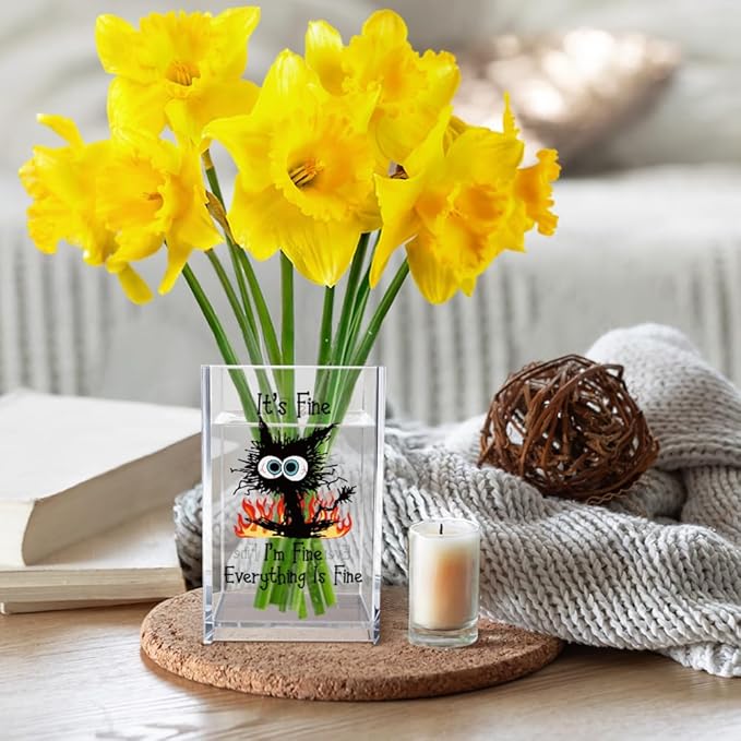 Vgrti It's Fine I'm Fine Acrylic Cosmetic Pencil Pen Holder Cup, Funny Black Cat Pen Holder Cup, Cat Lover Gift for Women Men, Office Sarcastic Gifts for Women Men Colleague Boss