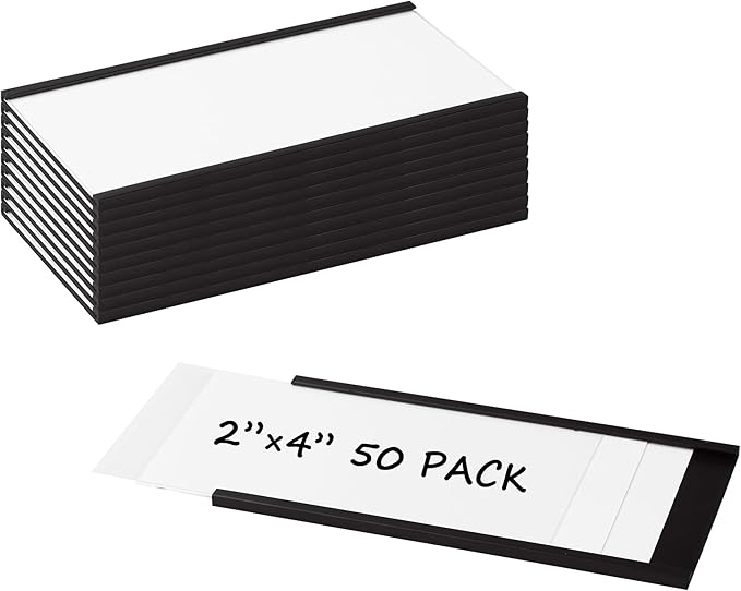 Realth C Channel Magnetic Strip 50 Pack, 2'' x 4'' Magnetic Label Holders with Paper Inserts and Clear Plastic Protectors, Magnet Labels for Metal Racks and Shelves
