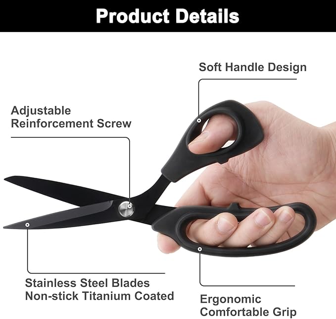 Zicolu 9 inch Black Office Scissors All Purpose, Sewing Scissors for Fabric Cutting, Sharp Titanium Coated Blade, Comfort Grip Soft Handles for Diy Craft, Paper, Art, School, Home