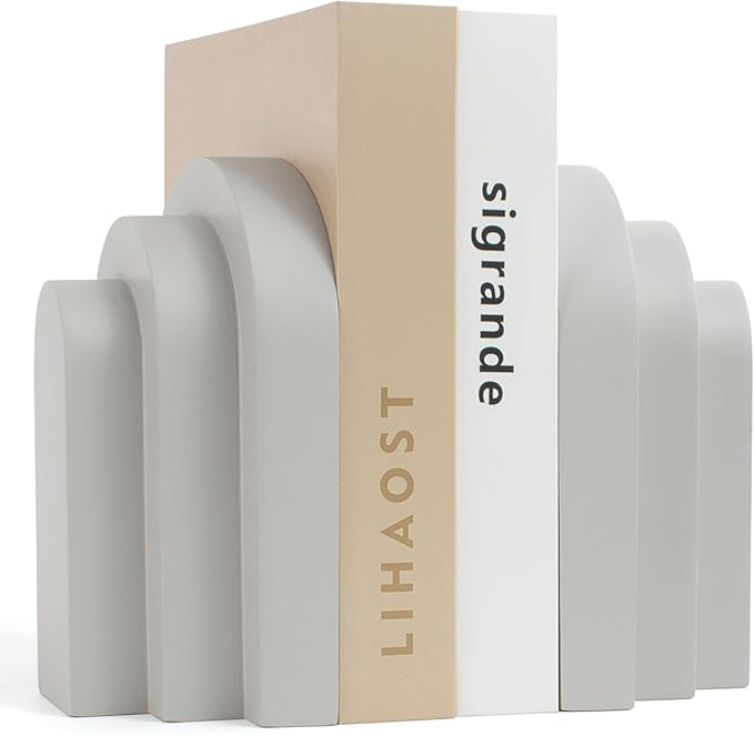 LIN CHUAN Heavy Duty Book Ends for Shelves, Decorative Bookends for Heavy Books Set of 2, 6.6 LBS Modern Book Stopper for Home Decor, Bookshelf, Aesthetic Bookend with Layered Arch Design, Gray