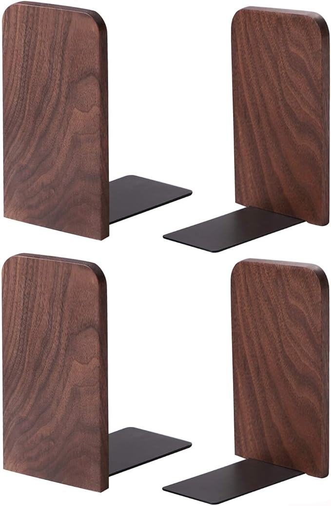 Muso Wood Book Ends for Shelves, Non-Slip Bookends, Heavy Duty Wooden Bookend Support for Books and Movies (Walnut 2 Pairs)