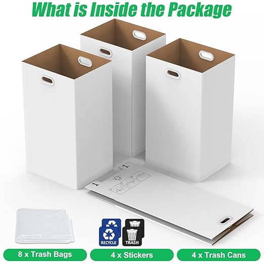 CINNIE&JHIN 30 Gallon Corrugated Cardboard Disposable Trash Cans with Built-in Handles, Heavy Duty 4 Pack Extra Large Portable Trash Can, Waterproof Layer Reusable Garbage Can, Recycling Bins