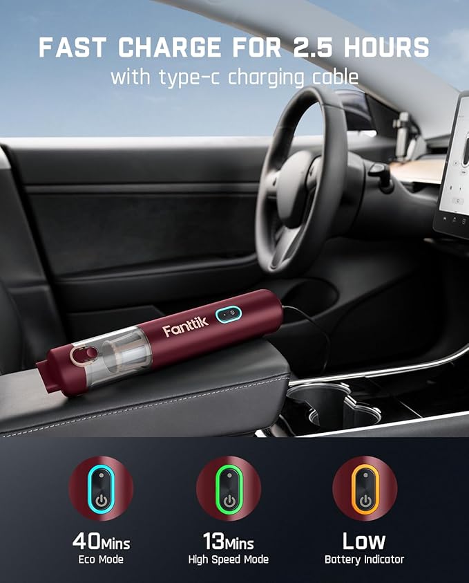 Fanttik Slim V8 APEX Car Vacuum, 4-in-1 Portable Mini Cordless Vacuum with 19000pa Suction Power, Type-C Charge, 2 Suction Modes, Handheld Vacuum for Small Jobs, Car, Office Desk, Keyboards (Red)
