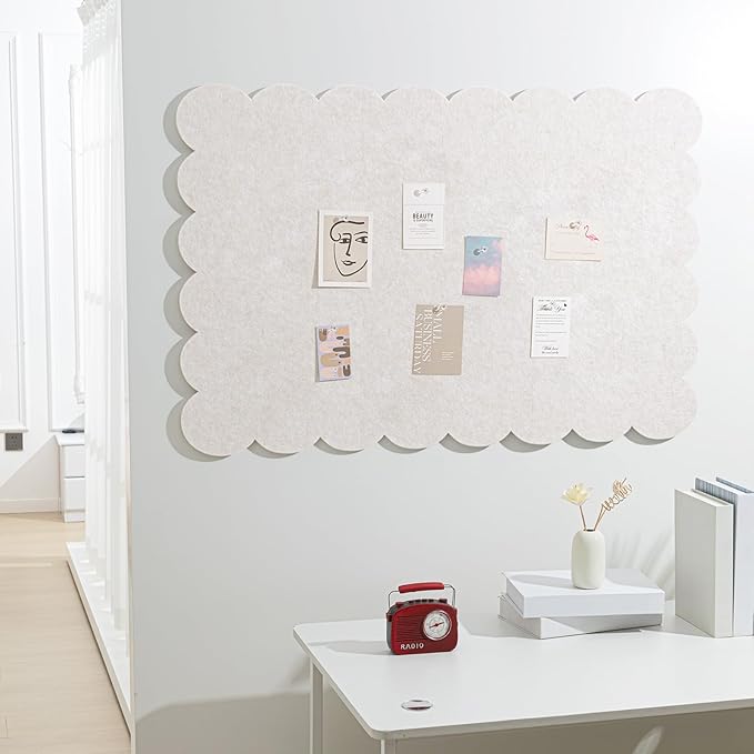 Mooliwe Scalloped Felt Bulletin Board 48 x 36 Inches Foldable Beige Pin Cork Board Alternative for Wall, 4' x 3' Trifold Picture Vision Self Adhesive Bulletin Decorative
