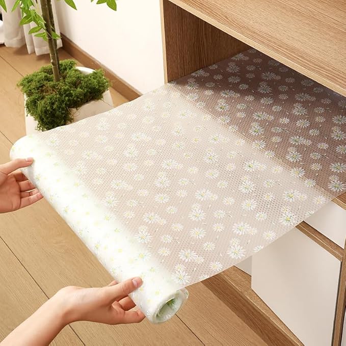 Daisy Flower Shelf Liner for Kitchen Cabinets, Non-Adhesive Drawer Liners, Non-Slip Refrigerator Mat, Washable EVA Cabinet Liner for Pantry, Fridge, Closet, Cupboard, 12" x 20 FT
