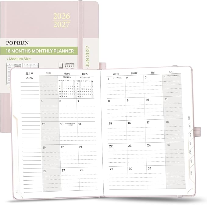 POPRUN Monthly Planner 2026-2027, Medium-6.25'' x 8.5'', 18-Month Calendar Book (Jan.26 - Jun.27), Calendar Planner with Monthly Tabs, Storage Pocket, Hardcover, 100 GSM Paper - Light Pink
