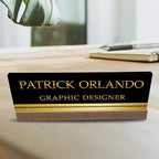 Artblox Personalized Office Desk Name Plate With Business Card Holder | Clear Acrylic Glass with Teak Wood Stand | Black Gold Stripe Design Customized with Your Name and Credentials Office Desk Décor